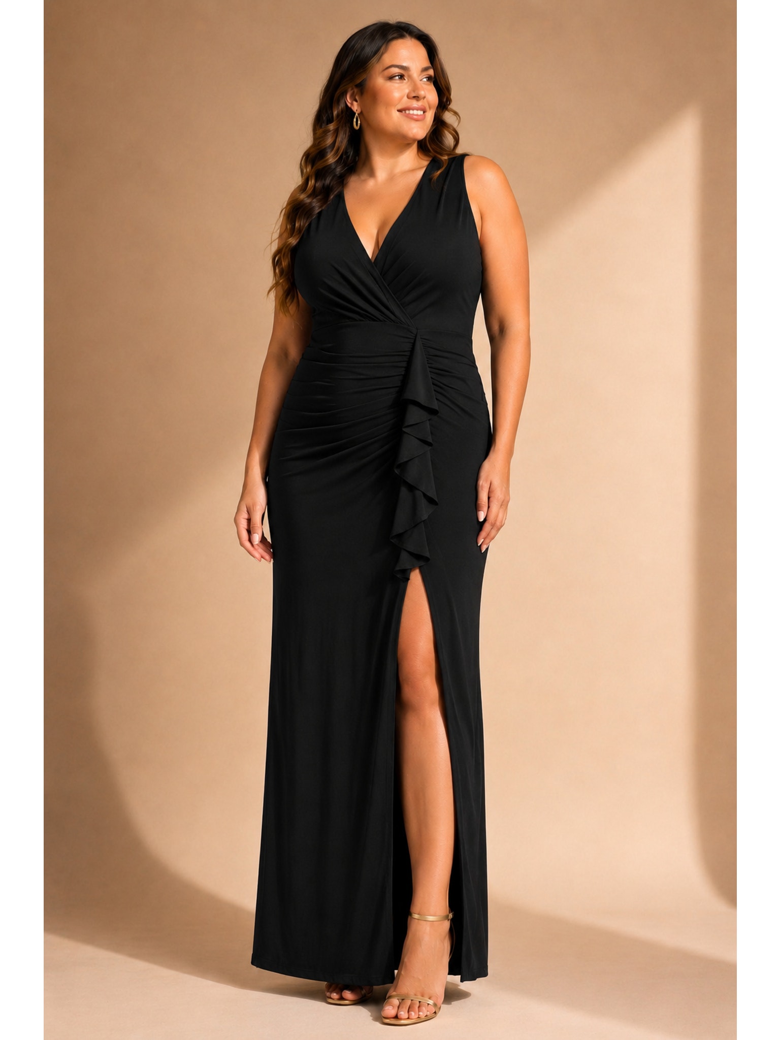 Betsy & Adam 16w New Black Ruched Stretch Knit Gown Slit Evening Formal Dress